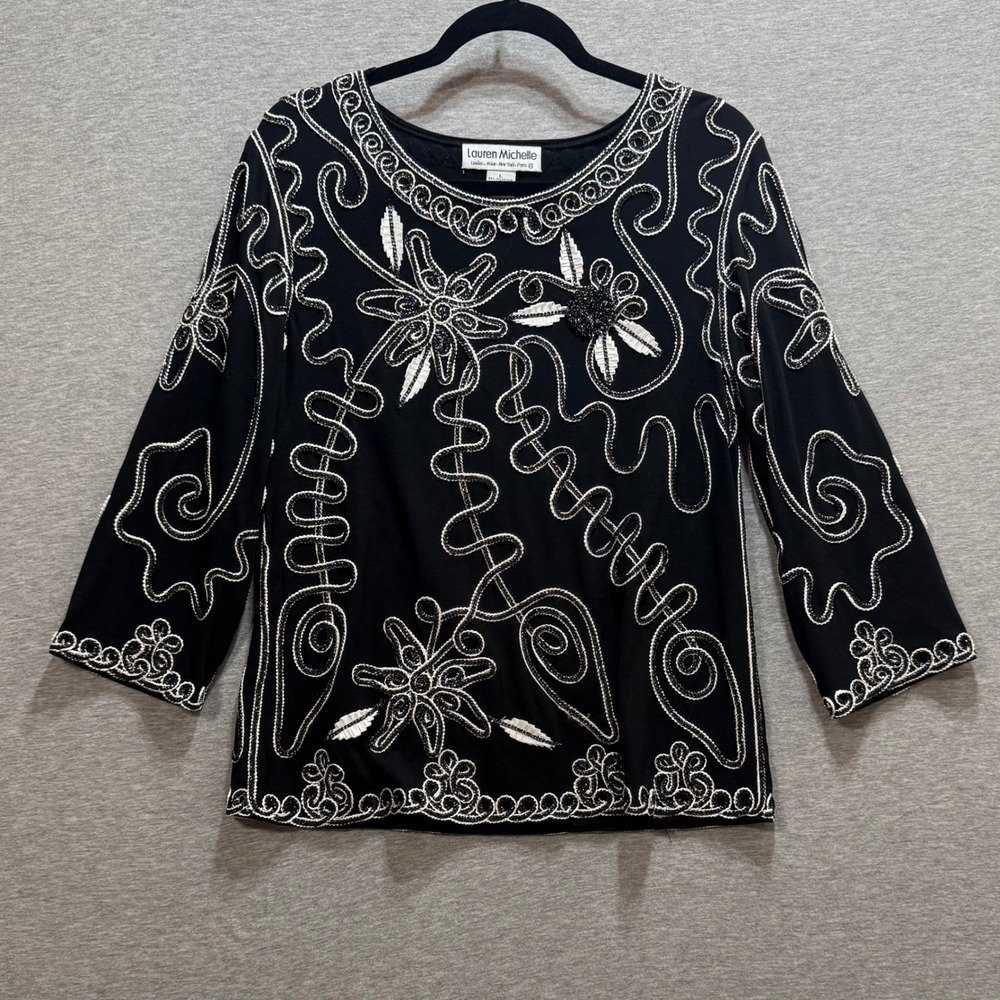 Lauren Michelle Embroidered Blouse Womens Size L Black Soutache Floral Art Deco